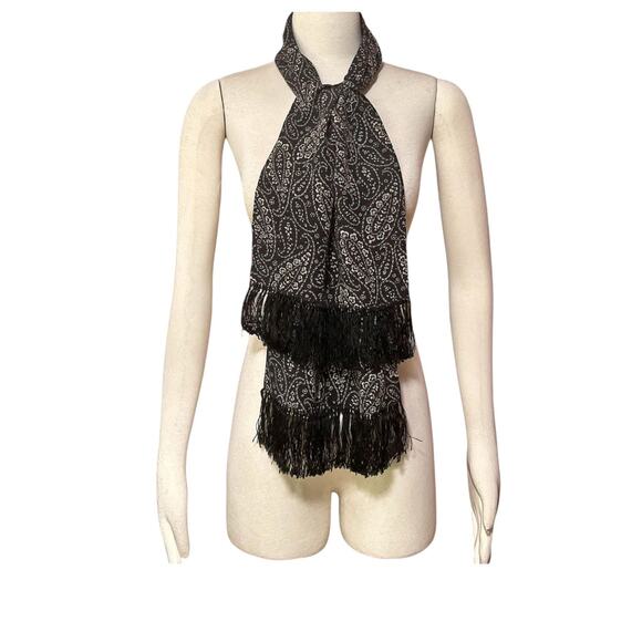 1990s DKNY Women's Black Crean Gray Paisley Double Sided Silk Fringe Scarf - Picture 1 of 9